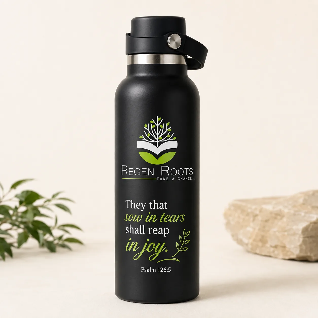 Black RegenRoots bottle with Psalm 126 verse artwork
