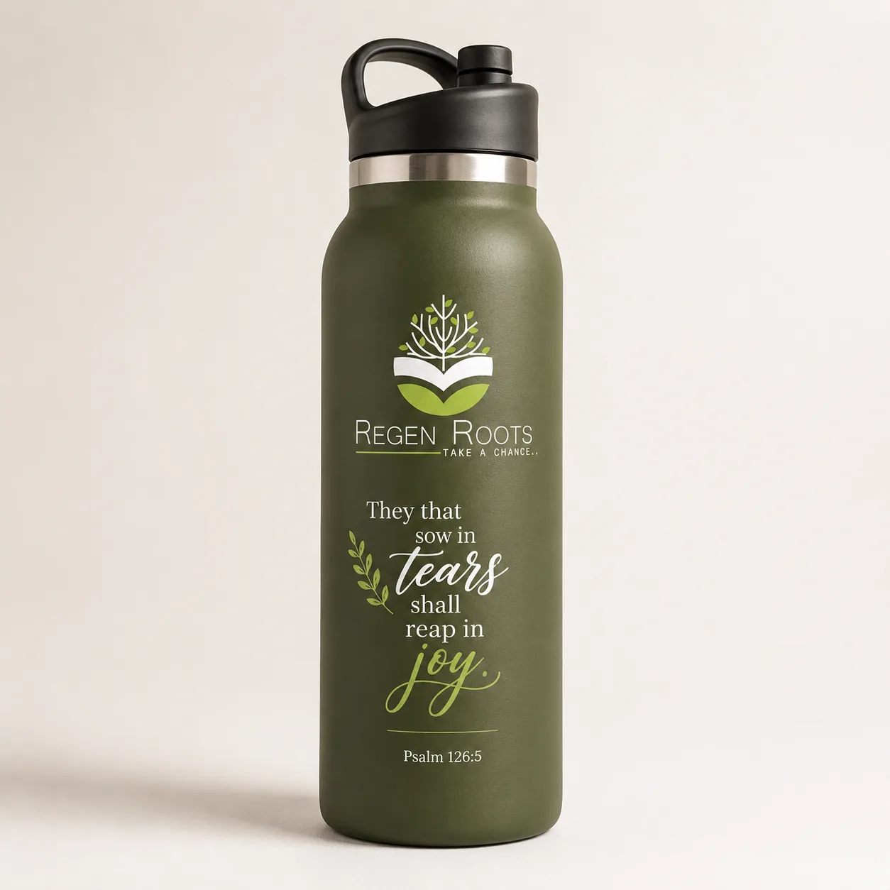 Olive RegenRoots insulated bottle with Psalm 126 verse typography