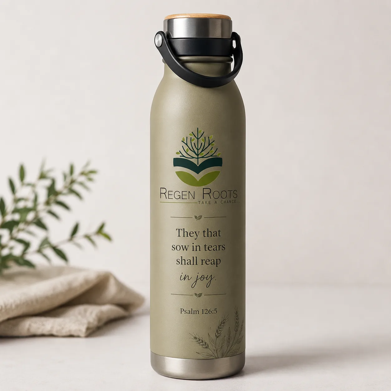 Sand RegenRoots insulated bottle with handle lid and Psalm 126 verse design