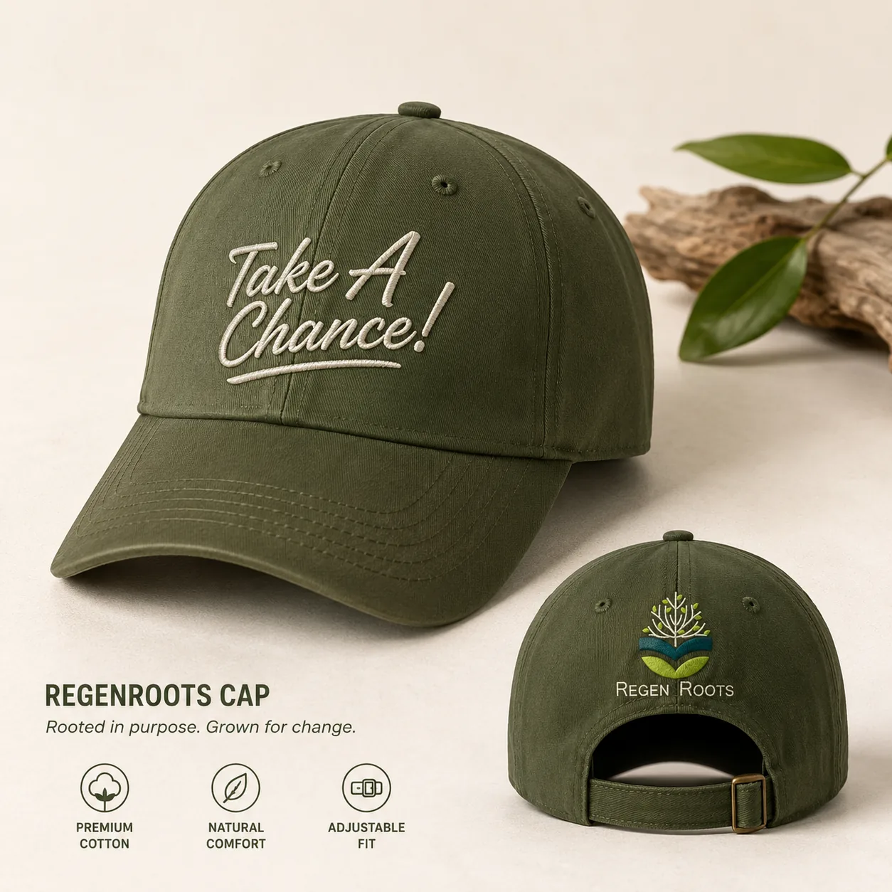 Olive RegenRoots cap with white Take A Chance embroidery and rear logo