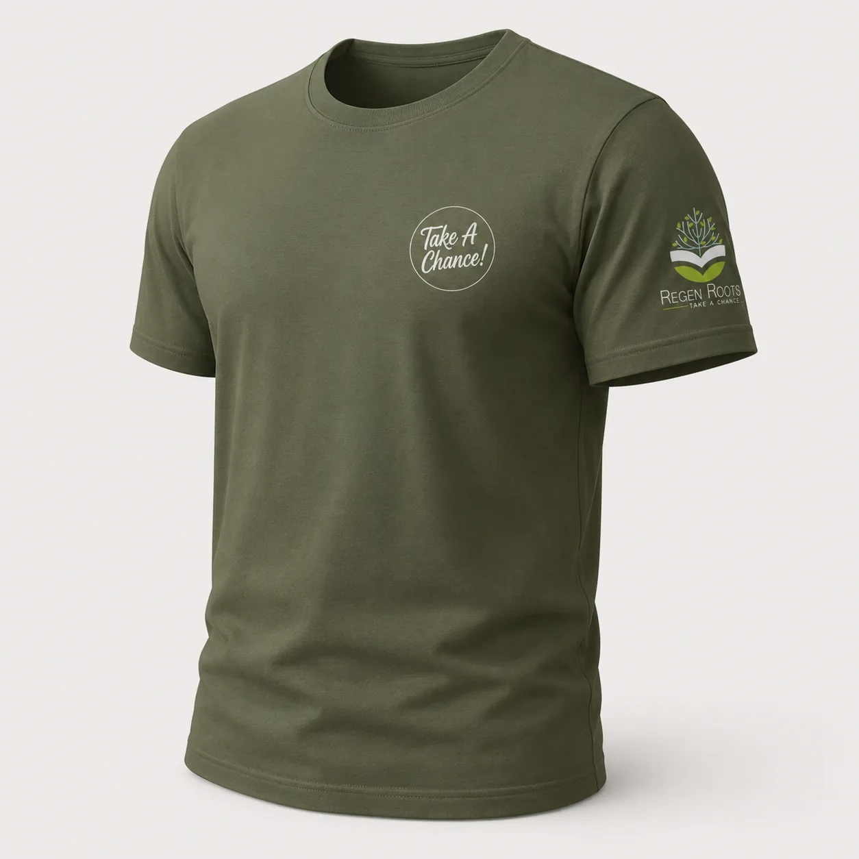Olive RegenRoots T-shirt with script chest logo and sleeve branding